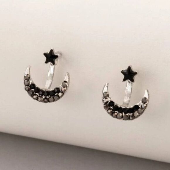 SILVER BLACK DIAMOND STAR STUD AND CRESCENT MOON STUD EARRING JACKET - Picture 1 of 8